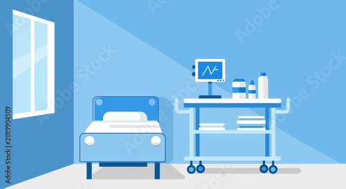 Hospital Room Scene: Modern Medical Environment with a Bed, Monitors, and Supplies
