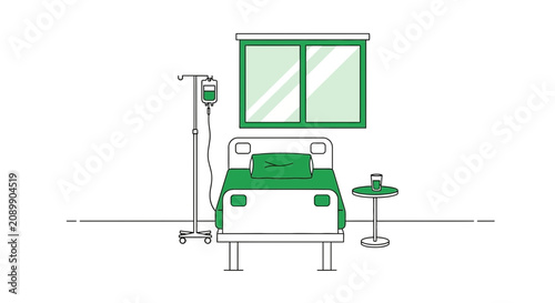 Hospital Room Scene: Modern Medical Environment with Bed, Green Decor, and IV Drip