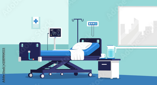 Hospital Room Scene: Modern Medical Environment With Patient Bed And Medical Monitoring