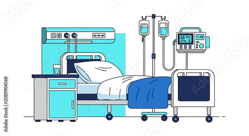 Hospital Room Scene: Modern Medical Illustration Depicting Patient Care and Healthcare