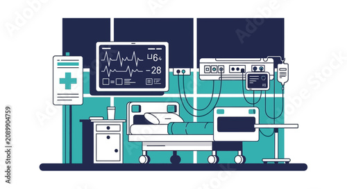 Hospital Room Scene Displaying Medical Equipment And Patient Monitoring System