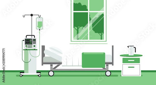 Hospital Room Scene Displaying Medical Equipment and Patient Bedding for Healthcare