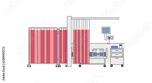 Hospital Room Scene Displaying Medical Equipment And Privacy Curtains In A Clean Setting