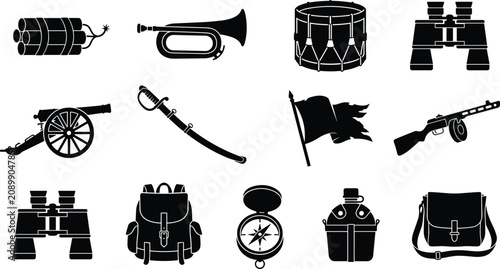 Bild auf Leinwand Vintage military and historic war equipment vector icon set featuring cannon swo