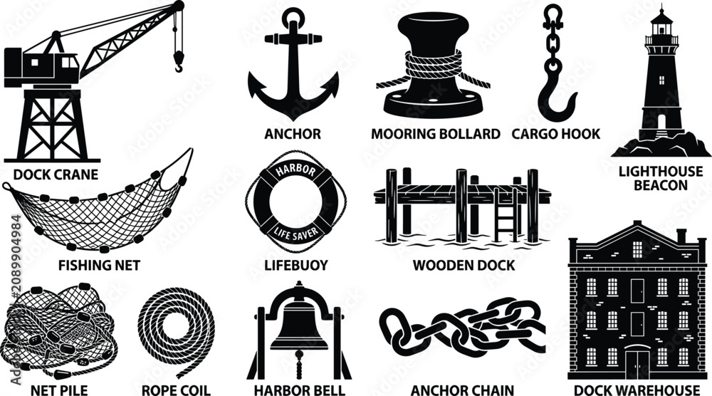 Naklejka premium harbor and dock equipment vector icon set featuring lighthouse anchor crane warehouse lifebuoy chain bollard and marine industry silhouettes
