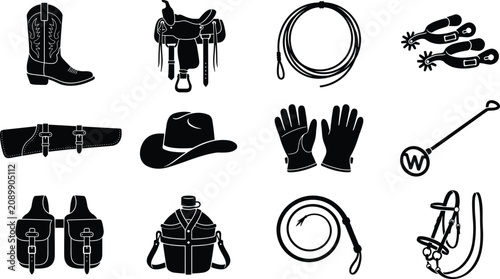 Tableau sur toile Cowboy western and equestrian equipment vector icon set featuring leather boot s