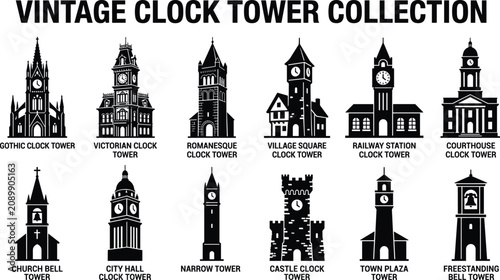 Foto clock tower silhouettes vector icon collection featuring gothic victorian city h