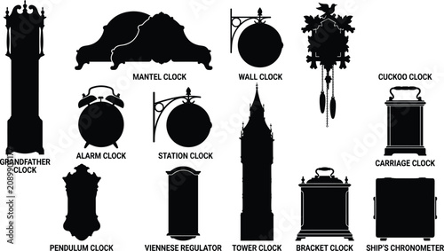 clock silhouettes vector icon set featuring grandfather cuckoo mantel alarm station tower carriage and pendulum antique timekeeper design elements