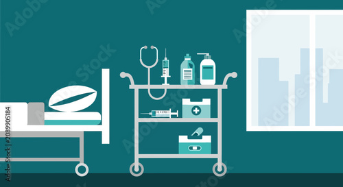 Hospital Room Scene Displaying Medical Tools and Patient Bed Conceptualized in Vector