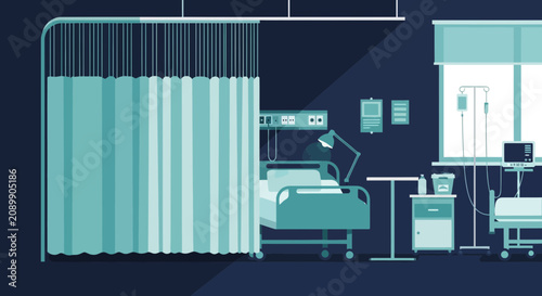 Hospital Room Scene Displaying Modern Equipment And Patient Privacy With Curtains
