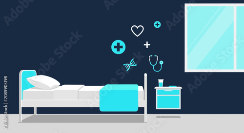 Hospital Room Scene Displaying Medical Symbols and Illustrations in Flat Design