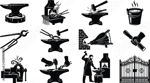Картината върху платно Blacksmith and metal forging industry vector icon set featuring anvil forge bell