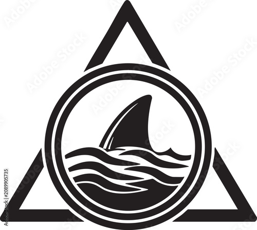 Shark fin icon inside a circle and triangle frame