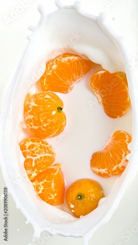 A close-up of peeled oranges floating in a creamy white liquid