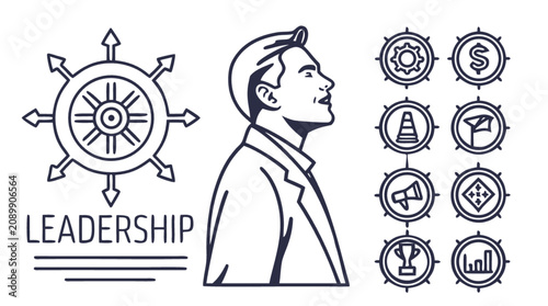 Fotografi Leadership vector illustration with businessman helm wheel trophy target and gea