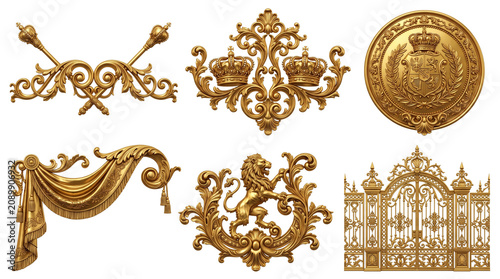 Vintage golden heraldic ornaments, set of 6 royal gold architectural elements, antique baroque lion and crown crests, ornate metallic filigree decorations isolated PNG with Transparent Background
