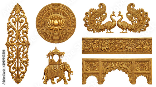 Traditional Thai gold carvings, ornate wooden architectural elements with elephant and peacock motifs, decorative oriental floral patterns isolated PNG with Transparent Background