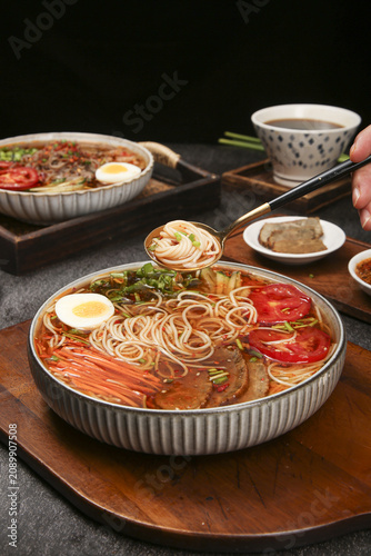 Korean Cold Noodle Soup Yanji Style with Beef Tomato Egg Traditional Asian Cuisine
