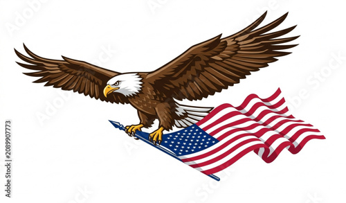 Flying Bald Eagle Carrying American Flag Flat Patriotic Vector Illustration on White Background