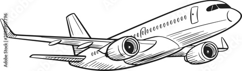 Fotografie 孤立した空を飛んでいる旅客機の詳細な白黒の手描きイラスト