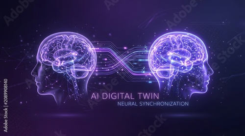 AI digital twin neural synchronization concept, glowing purple human brain profiles, futuristic artificial intelligence data transfer and connectivity