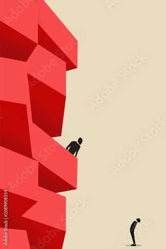 Successful businessman standing on top looking down and man looking up, which pointing up as symbol of achievement, success and developing business in successful way