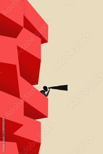 Businessman with telescope looking for future visionary. concept of Successful and fearless, leadership, challenges and achievements