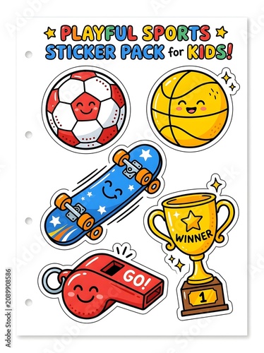 Playful sports equipment sticker pack for kids with cute smiling soccer ball basketball skateboard trophy and red whistle
