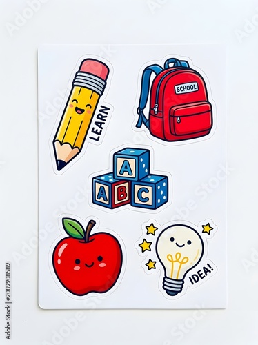 Cute school items sticker pack with happy pencil backpack abc toy blocks red apple and a smiling lightbulb idea character