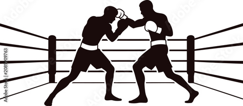 Obraz na plátně Two boxers fighting in a boxing ring with ropes and gloves on transparent backgr