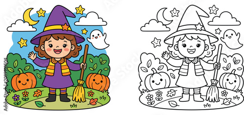 Cute little witch girl with broom and pumpkins coloring book page vector illustration set, featuring colored design and black and white line art outline for kids