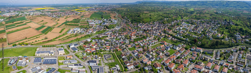 Obraz premium Aerial view beside the old town above the city altdorf in south Germany on a sunny spring noon.