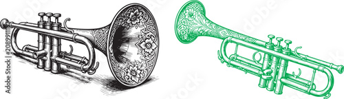 Photography Ornate engraved trumpet vector illustration set with floral patterns in black an