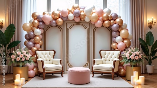 Blush gold lavender balloon arch, cream tufted chairs, floral and candle decor