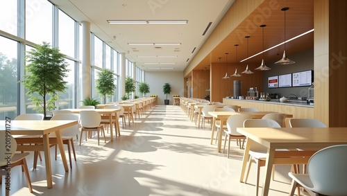 Spacious light-filled modern cafeteria with wooden tables, green plants and full-length windows