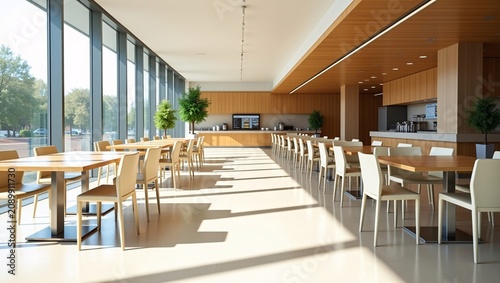 Bright modern cafeteria with wooden decor, long tables and floor-to-ceiling glass windows