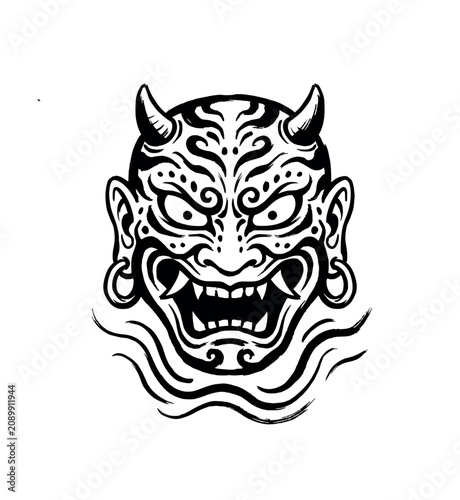 Japanese traditional demon mask oni vector illustration black and white, vintage style scary monster.