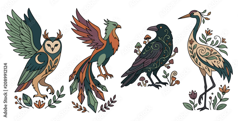 Fototapeta premium Collection of four magical forest birds featuring owl phoenix raven and crane with natural elements.