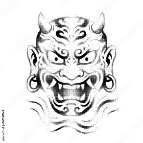 Oni mask japanese demon vector illustration black and white, traditional japanese ghost monster in japan style.