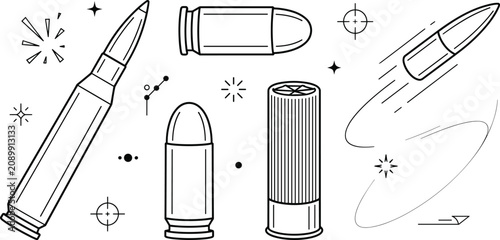 Bild auf Leinwand Gun Bullet and Shotgun Shell Ammunition Line Art Icon Vector Set for Military