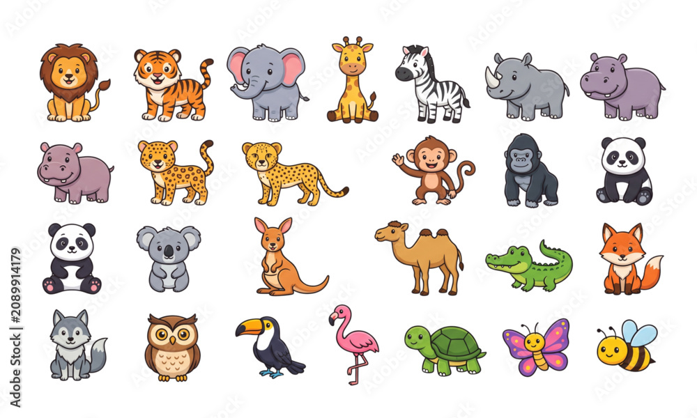 Obraz premium Cute Wild Animal Collection Flat Vector Illustration Isolated on Transparent Background