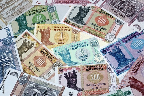 Obraz na plátně Moldovan leu money bills in pile