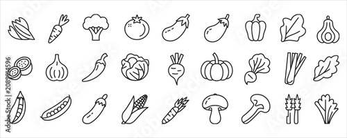 Foto Collection of various vegetable and fruit line icons on white background