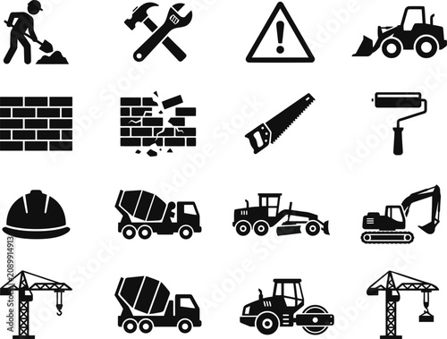 Collection of construction tools machinery and building site equipment vector icons set.