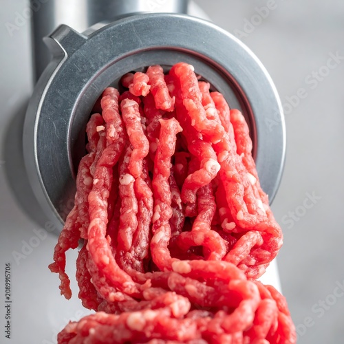 A close-up of raw ground meat being extruded from a metal grinder