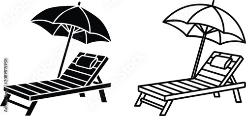 Sun loungers with umbrellas illustration collection isolated on transparent background.