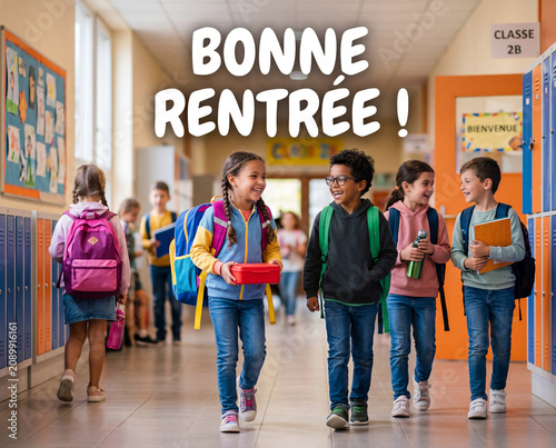 Affiche de bonne rentrée scolaire avec des élèves joyeux portant des sacs à dos dans le couloir de l'école en septembre