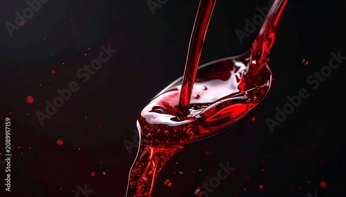 A close-up of red liquid pouring and splashing dynamically