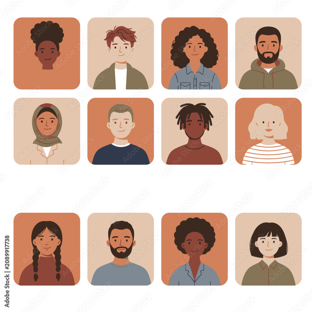 Fototapeta premium Diverse group of people with different ethnicities and hairstyles multicultural community portraits in a grid layout representing global society and inclusivity concepts.