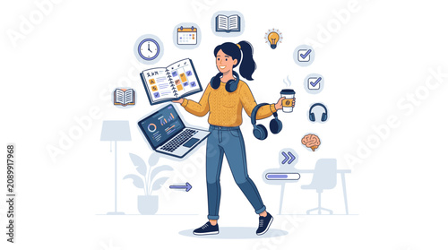 Full-body illustration of a multitasking businesswoman surrounded by digital icons and office equipment in a modern workspace with a vibrant and productive atmosphere.